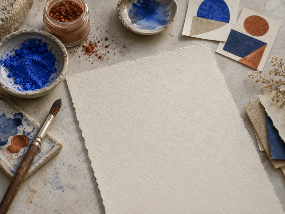 Artists’ pigments, a paintbrush, handmade paper, and geometric printed studies on a studio table